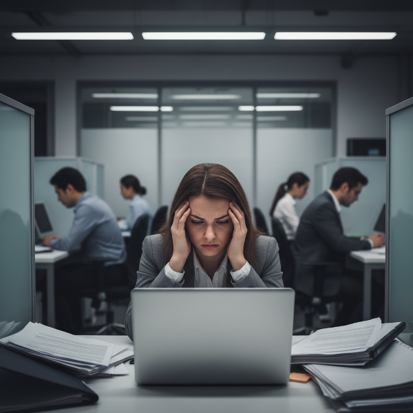 Una mujer de 36 años en su escritorio de marketing digital, con el rostro tenso y manos en la cabeza, mientras figuras borrosas de compañeros la ignoran y un reloj marca tarde