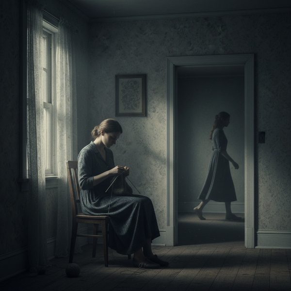 Una mujer sentada tejiendo en una habitación, mientras una figura pasa de largo por la puerta, representando la soledad y el duelo compartido pero no hablado en un hogar familiar.