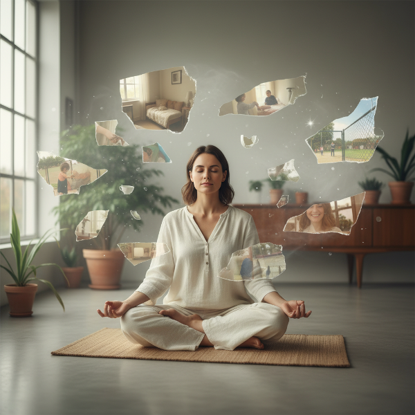 Una mujer en meditación, rodeada de imágenes etéreas de una maleta, manos desconocidas y símbolos de adopción, mostrando la integración de recuerdos.