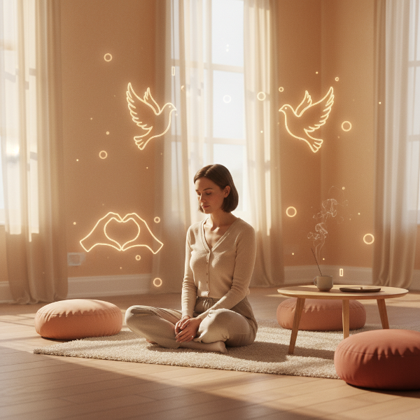 Una mujer en un entorno sereno, con elementos visuales que representan diálogo y conexión emocional.