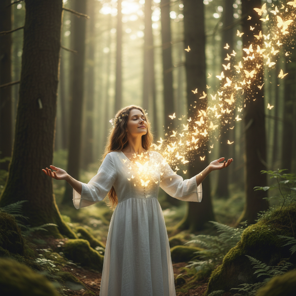 Una ilustración que representa la liberación de la autocrítica y el redescubrimiento de la valía personal a través de un símbolo de luz y transformación en la naturaleza.