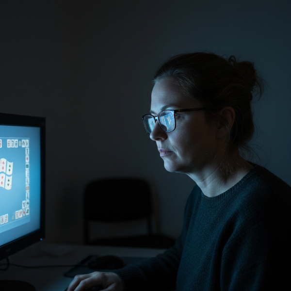 Una mujer atrapada en la luz azul de su ordenador, jugando solitario en la soledad de su hogar, simbolizando la adicción digital.