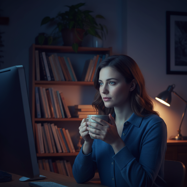 Una mujer trabajando en su espacio personal, rodeada de libros, representando un momento de introspección y búsqueda de confianza.