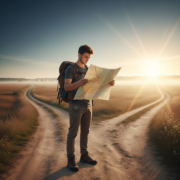 Una persona contempla múltiples caminos profesionales, representando la presión por elegir y el miedo al fracaso, con un ambiente de reflexión y posibilidad.
