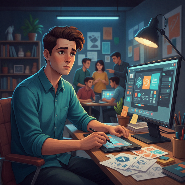 Un joven diseñador gráfico se sienta solo en su escritorio con la cabeza baja, mirando sus bocetos y una pantalla de computadora, mientras al fondo un equipo de colegas creativos colabora animadamente, transmitiendo inseguridad y aislamiento en un entorno de oficina moderna y luminosa