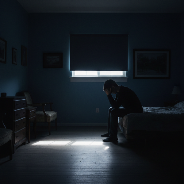 Un hombre en su habitación monocromática azul oscuro, con persianas cerradas, representando aislamiento y apatía emocional.