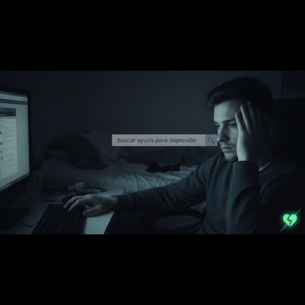 Un hombre de 26 años trabajando desde casa, mostrando signos de agotamiento y aislamiento emocional.