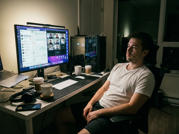 Un hombre joven se siente aislado mientras trabaja de forma remota, rodeado de tecnología pero desconectado de contacto humano significativo.