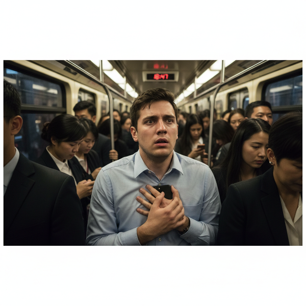 Ilustración de un hombre experimentando un ataque de pánico en el metro, con sensación de ahogo y opresión en el pecho.