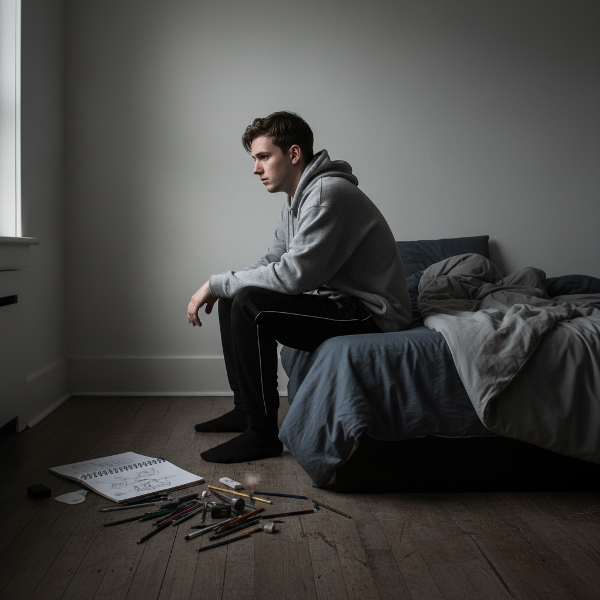 Un joven en su habitación, inmerso en una apatía profunda, rodeado de objetos que antes le gustaban pero ahora ignora.