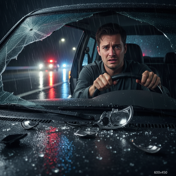 Un joven conductor experimenta ansiedad y flashbacks mientras conduce de noche bajo la lluvia, reviviendo un accidente traumático presenciado.