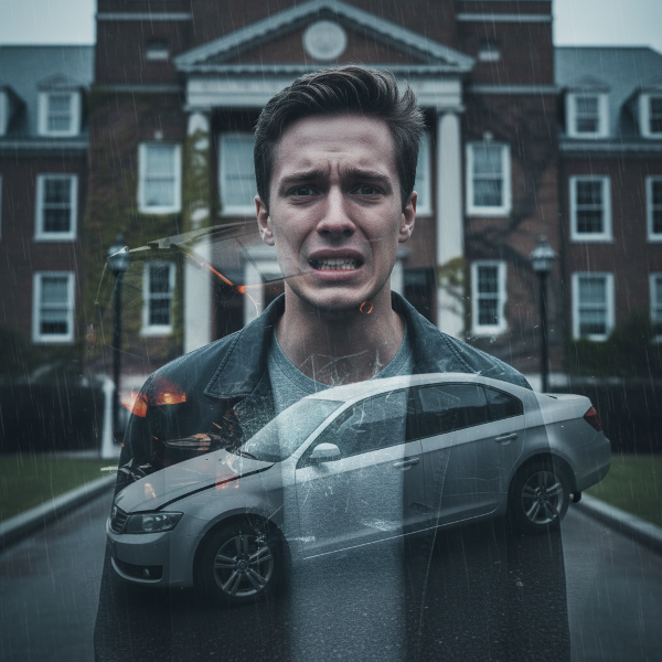 Un joven estudiante, con mirada perdida y ansiosa, mientras imágenes fantasmales de un accidente automovilístico grave se superponen a su entorno cotidiano frente a un edificio universitario.