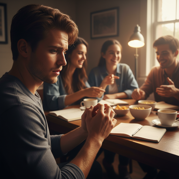 Un joven en una reunión social se siente ansioso, con las manos sudorosas y evitando la mirada de los demás, mientras el entorno sigue su curso.