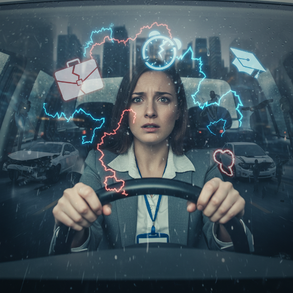 Una mujer joven en un coche, con expresión de angustia, mientras imágenes de un accidente y símbolos de entrevistas de trabajo se superponen en el paisaje urbano que se ve por la ventana.