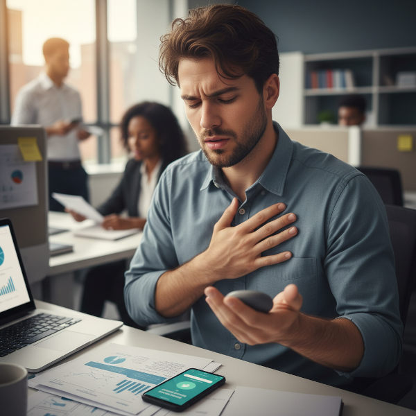 Imagen de un hombre joven en un entorno laboral, mostrando signos visibles de ansiedad mientras enfrenta una situación desafiante como una presentación.
