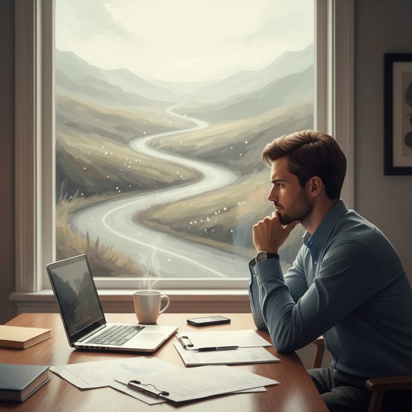 Un hombre joven en su espacio de trabajo, con una expresión pensativa, mientras la luz del atardecer entra por la ventana, representando la introspección y el camino hacia la sanación.