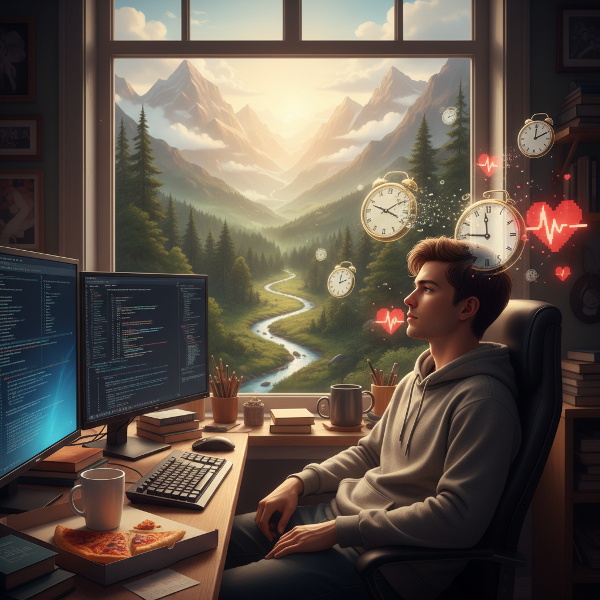 Un hombre joven frente a su computadora en una habitación, con elementos que representan ansiedad y rutina, mientras observa un camino hacia un paisaje natural prometedor.