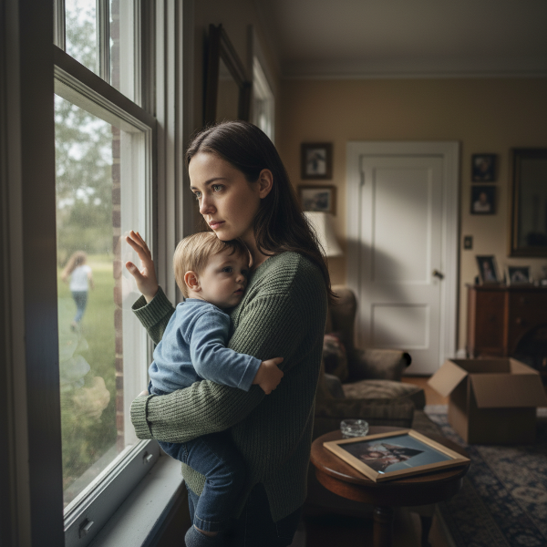 Una madre soltera en un momento de reflexión, sosteniendo a su hijo mientras enfrenta emociones conflictivas sobre su maternidad y su identidad.