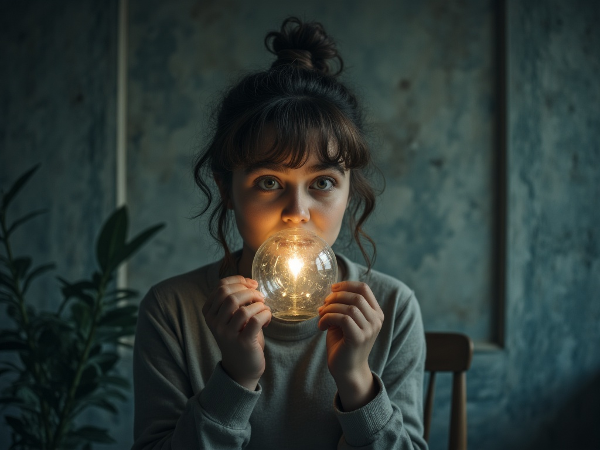 Una terapeuta acompaña a un joven a través de una pantalla, en un entorno descolorido, mientras un tenue hilo de luz y sensación comienza a aparecer.