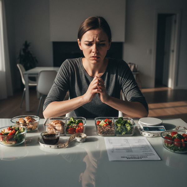 Una mujer en su cocina, rodeada de alimentos crudos y etiquetas nutricionales, con una expresión de ansiedad y aislamiento.