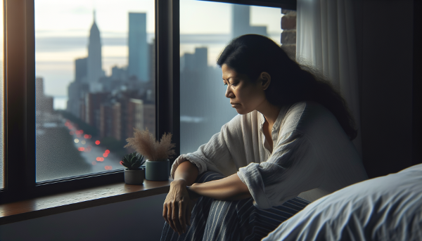 Una mujer joven en su habitación, con expresión pensativa, mientras la luz del amanecer entra por la ventana, representando un momento de introspección y el desafío de encontrar energía para un nuevo día.