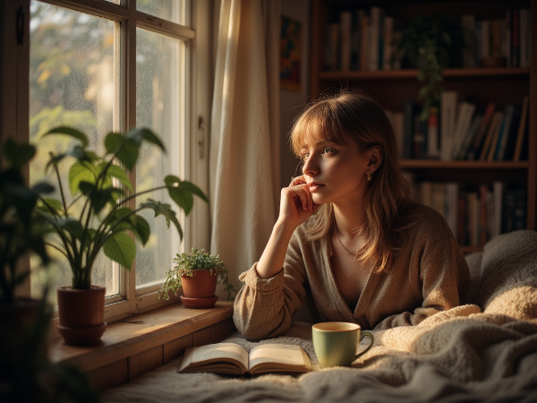 Una joven reflexionando en un espacio tranquilo, representando el inicio de su proceso de sanación emocional.