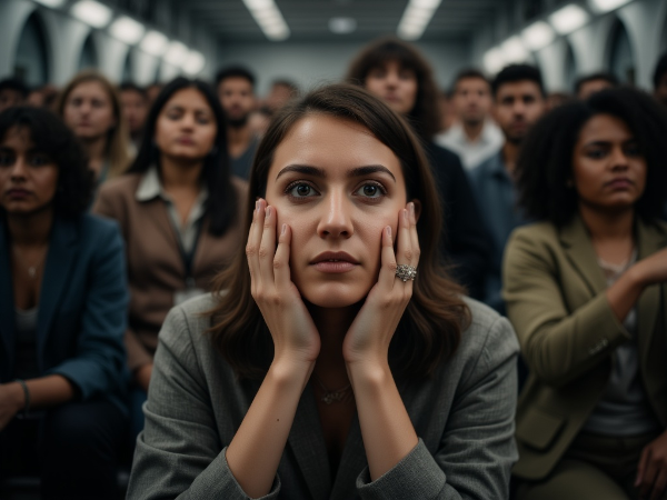 Una mujer joven practicando técnicas de respiración en un entorno público para manejar su ansiedad.