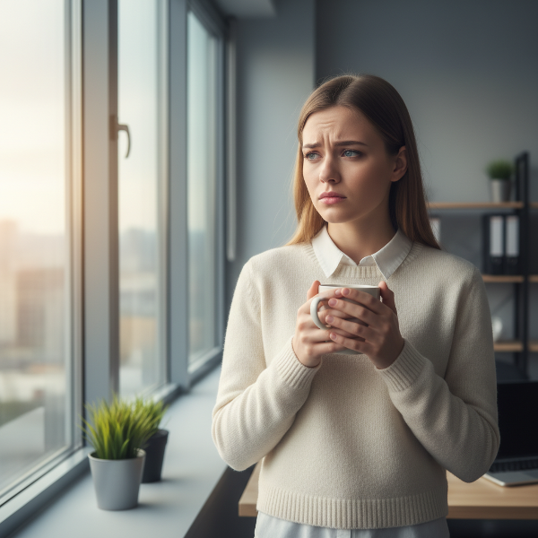 Una joven profesional reflexiona sobre su carrera en un entorno de oficina, mostrando incertidumbre y presión interna.