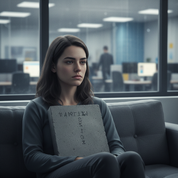 Una mujer ilustra el agotamiento y la desconexión emocional, con una metáfora visual del peso en el pecho.