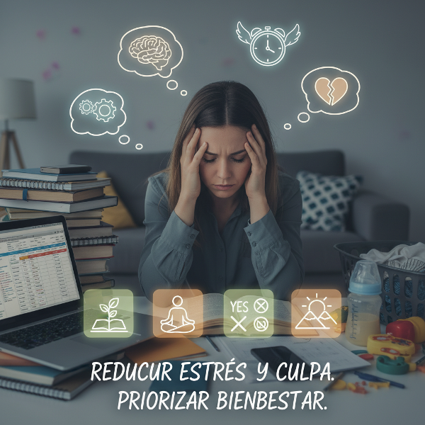 Una mujer joven, con expresión de cansancio y reflexión, rodeada de símbolos de sus responsabilidades (ordenador, libros, objetos de cuidado) en un espacio desordenado, pero con un rayo de luz que sugiere la búsqueda de claridad y estrategias de autocuidado.