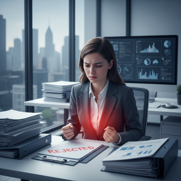 Una mujer joven en su lugar de trabajo, mostrando tensión y frustración interna mientras maneja presión laboral y emociones intensas.