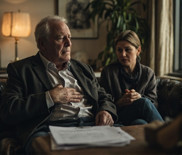 تصویری از یک مرد ۵۸ ساله حسابدار که با دست روی سینه، اضطراب و سنگینی قفسه سینه را در هنگام فکر کردن به مسائل مالی خانواده تجربه می‌کند؛ همسرش کنار اوست و گزارش پزشکی روی میز قرار دارد. فضای تصویر آرام و درمانی است و به ارتباط علائم جسمی با اضطراب و اهمیت پیگیری پزشکی و روانشناختی اشاره دارد.