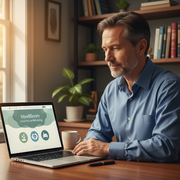 تصویر مردی ۵۴ ساله با چهره‌ای مهربان و متفکر پشت میز کارش، در حال مشاهده وبسایت مشاوره آنلاین خود. نشانه‌های ظریف اضطراب و فضای حامی‌ای از درمان و رشد در تصویر مشهود است.
