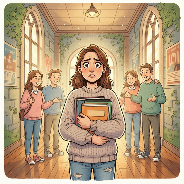 تصویری از یک دانشجوی جوان که در راهروی دانشگاه ایستاده و کتاب‌ها را در آغوش گرفته. چهره‌ای نگران دارد. در پس‌زمینه، سایه‌هایی از افراد حامی دیده می‌شود. نورپردازی نرم و امیدبخش به سبک تصویرسازی.