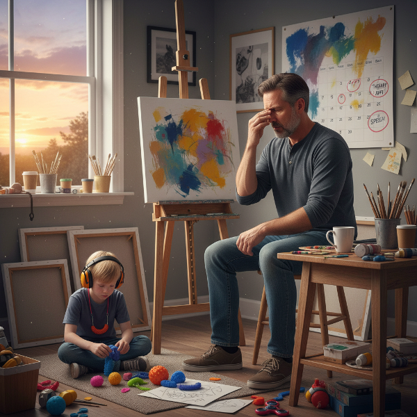 تصویری از یک نقاش مرد ۴۸ ساله که در خانه کار می‌کند و در حالی که دچار استرس و سردرد است، پسر ۱۰ ساله‌اش با اختلال اتیسم در کنار او مشغول بازی است. محیط نشان‌دهنده تعادل چالش‌برانگیز بین کار هنری و مراقبت از کودک است.