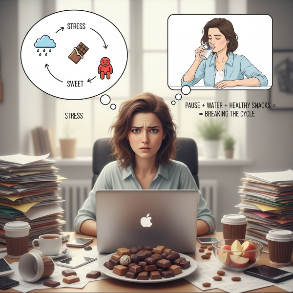 تصویر یک زن جوان در محل کار را نشان می‌دهد که درگیر چرخه استرس، مصرف شیرینی و احساس گناه است. بخشی از تصویر، لحظه توقف و انتخاب گزینه سالم‌تر مانند نوشیدن آب را به تصویر می‌کشد، نماد شکستن این چرخه.