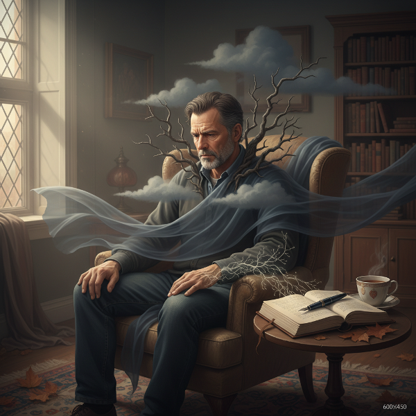 تصویری از مردی میانسال که در حال تفکر عمیق است، با نمادهای بصری از دردهای عضلانی و بار عاطفی روی شانه‌ها، نشان‌دهنده ارتباط بین جسم و روان در مدیریت دردهای مزمن.