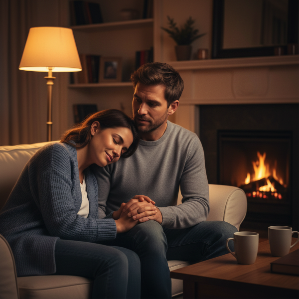 تصویری از یک زوج که در محیطی آرام و گرم در حال گفتگوی صمیمانه و حمایتگر هستند، که حس درک متقابل و نگرانی دلسوزانه را منتقل می‌کند.