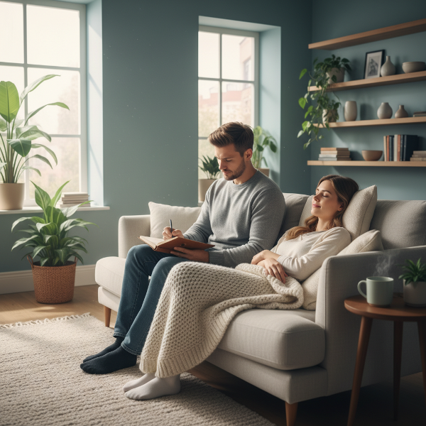 تصویری از یک زوج در حال مدیریت چالش‌های PMDD با همدلی و مرزهای سالم، در فضایی آرام و مدرن.