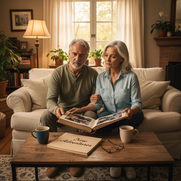 یک زوج میانسال در اتاق نشیمن، در حالی که آلبوم عکس را مرور می‌کنند، به دنبال احیای عمق عاطفی و کنجکاوی در رابطه خود پس از ترک فرزندان هستند.