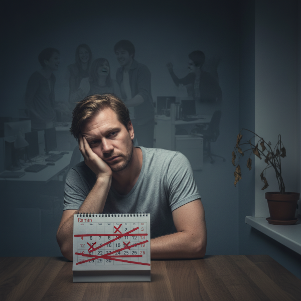 تصویری از یک مرد ۳۵ ساله در اتاقی کم‌نور که نشان‌دهنده بی‌حوصلگی شدید و کاهش انرژی است، با نمادهایی از افسردگی مانند تقویم قرمز و دوستان محو.