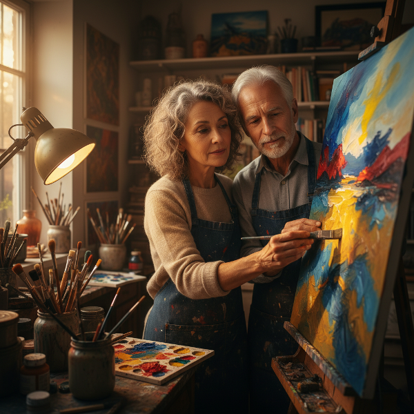 دو هنرمند مسن در کارگاه کوچک خانگی، در حال نقاشی مشترک روی یک بوم، که احساسات عمیق و ارتباط عاطفی را از طریق هنر و رنگ‌های زنده نشان می‌دهد.