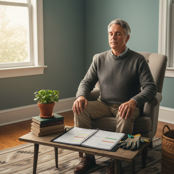 تصویر مردی ۶۳ ساله را نشان می‌دهد که در خانه‌ای آرام نشسته و تمرین تنفس عمیق انجام می‌دهد، در حالی که برنامه روزانه منظم و وسایل سرگرمی در اطراف او قرار دارد، نمادی از تلاش برای کاهش اضطراب پس از بازنشستگی.