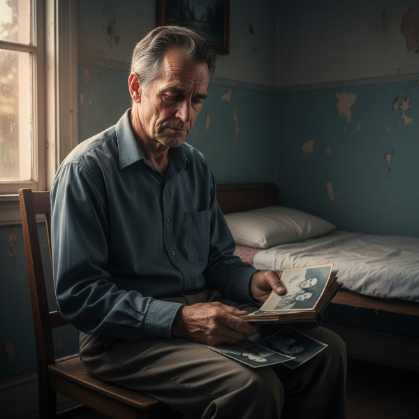 تصویر یک مرد ۶۳ ساله در اتاقی اجاره‌ای را نشان می‌دهد که با نگاهی خسته به عکس‌های خانوادگی نگاه می‌کند. نور ملایم پنجره نماد بار سنگین گناه و جستجوی امید پس از مصیبت است.