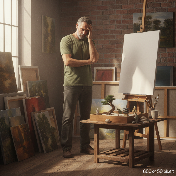 یک نقاش مسن در آتلیه‌اش، با نگاهی متفکر به نقاشی‌های قدیمی خیره شده، در حالی که یک بوم خالی جدید و یک سینی ماسه با اشکال نمادین در صحنه حضور دارند.