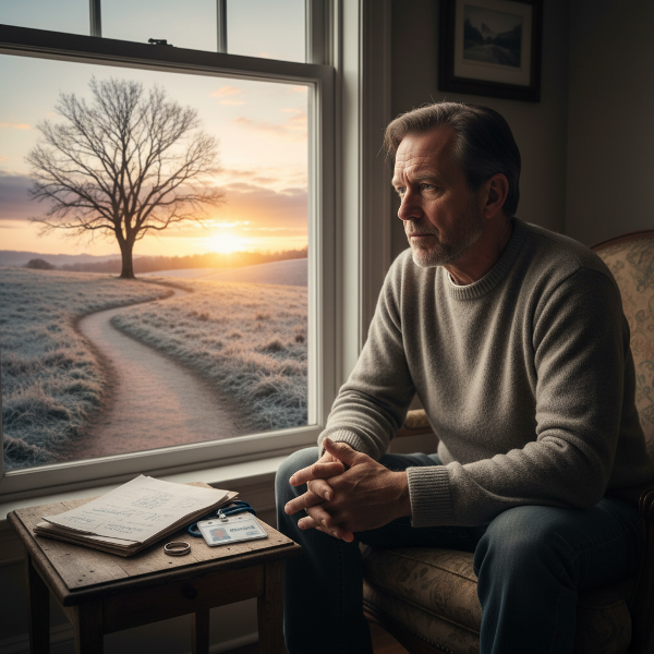 تصویری نمادین از مردی میانسال در حال تفکر، با عناصری که نشان‌دهنده جراحی، از دست دادن شغل و طلاق است. مسیری از درخت زمستانی به سمت طلوع امیدبخش در دوردست، گذار از انجماد عاطفی به سوی بازسازی تدریجی را نشان می‌دهد.