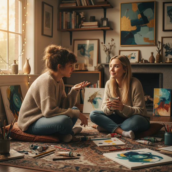 تصویری از یک زن جوان که با دوست‌دخترش در محیطی صمیمی و هنری در حال گفت‌وگوی همدلانه است، با نمادهایی از تمرکز و تعادل.