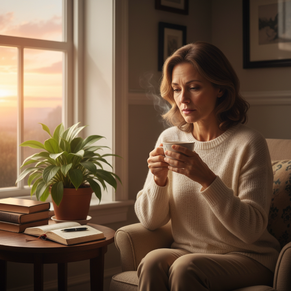 تصویری از یک زن میانسال در حال تأمل، با نور ملایم و نمادهایی از مراقبت از خود، که احساس خستگی عاطفی و امید به تجدید قوا را نشان می‌دهد.