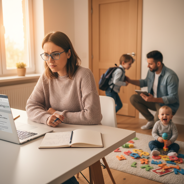 تصویری از یک مادر جوان در دفتر خانه‌اش که با چالش‌های چندلایه خانواده مواجه است: مقاومت کودک بزرگتر برای مدرسه، تأخیر گفتار کودک کوچکتر، و تنش‌های خانوادگی، در حالی که به دنبال راهکارهای عملی برای بهبود فضای عاطفی و روانی خانه است.
