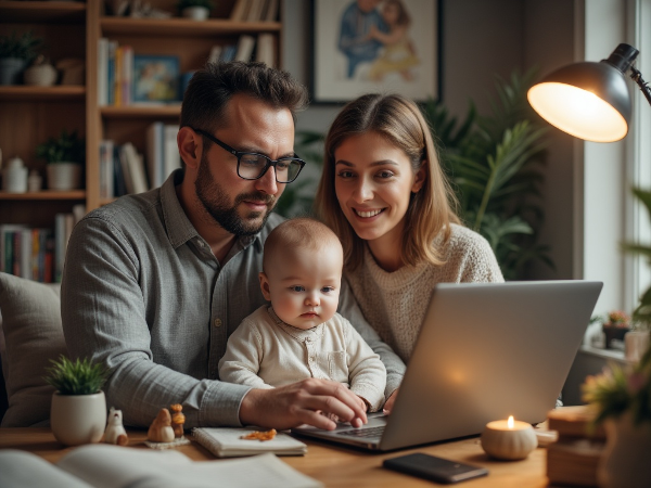 تصویری از یک پدر ۴۷ ساله در دفتر خانگی که با لپ‌تاپ کار می‌کند و پسر ۶ ماهه‌اش را در آغوش دارد، همسرش با لبخند کنارشان است، نشان‌دهنده تلاش برای تعادل بین کار و زندگی خانوادگی.